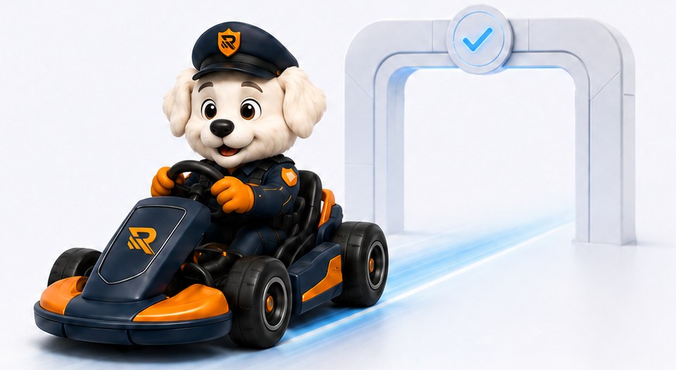 Officer Otto driving the Rensora mission kart through a governance checkpoint