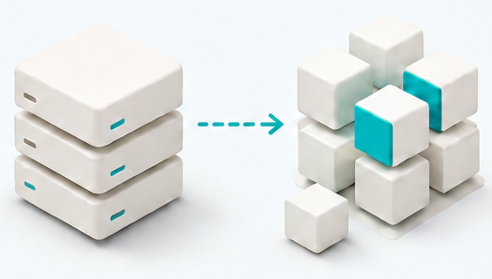 A stacked legacy estate resolving into modular cloud-native components