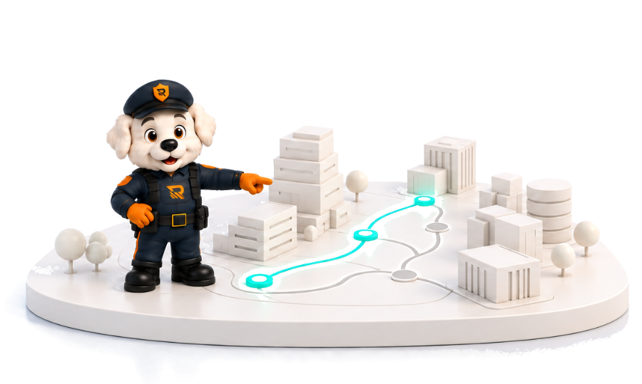 Officer Otto in his navy and orange uniform with the R cap badge, pointing at an ivory model of a city estate with teal route checkpoints