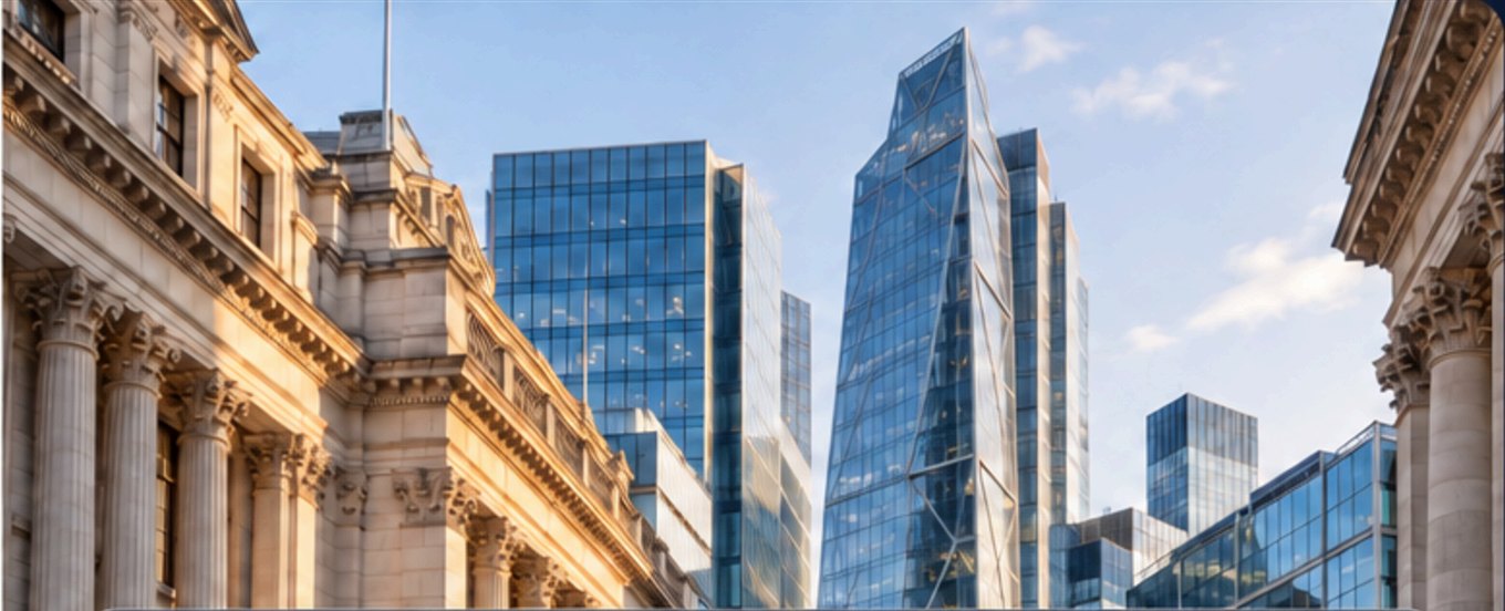 A city financial district seen from street level, a classical stone building with columns on the left and faceted glass office towers rising against a clear sky