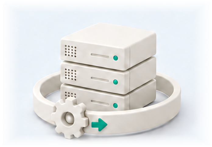 A stack of ivory servers circled by a loop with a gear and teal arrow