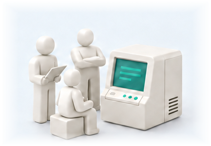 Three ivory figures gathered around an old terminal with a teal screen