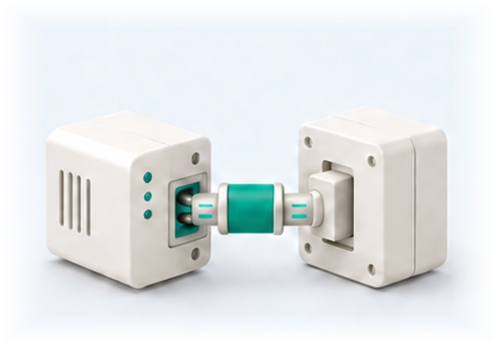Two ivory system modules joined by a teal connector
