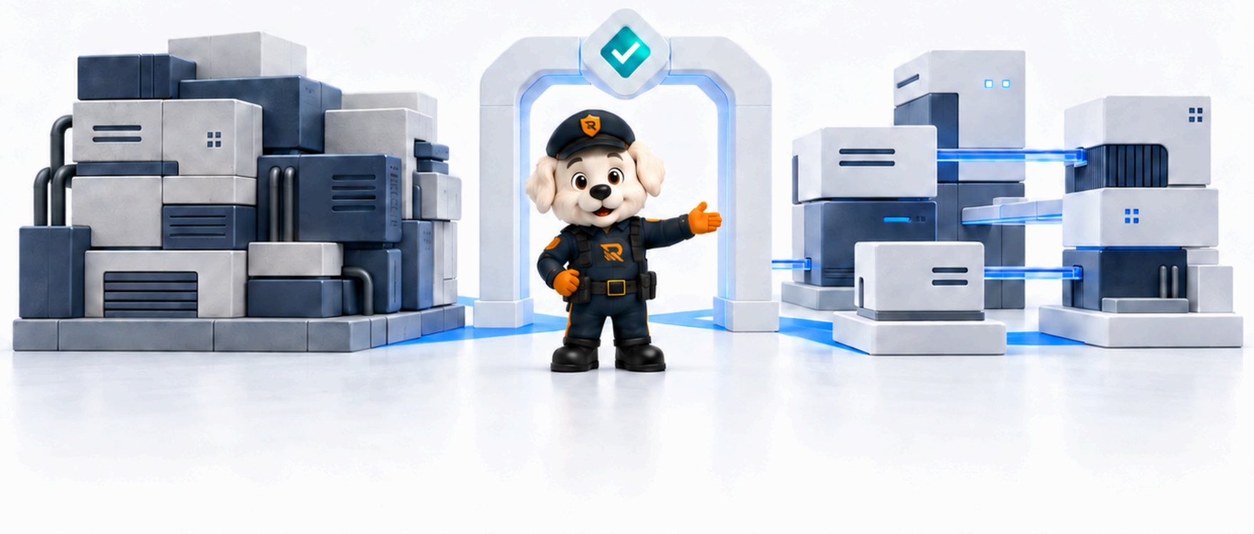 Officer Otto beside a legacy estate on the left and modernised systems on the right, linked by blue connections through a checkpoint arch