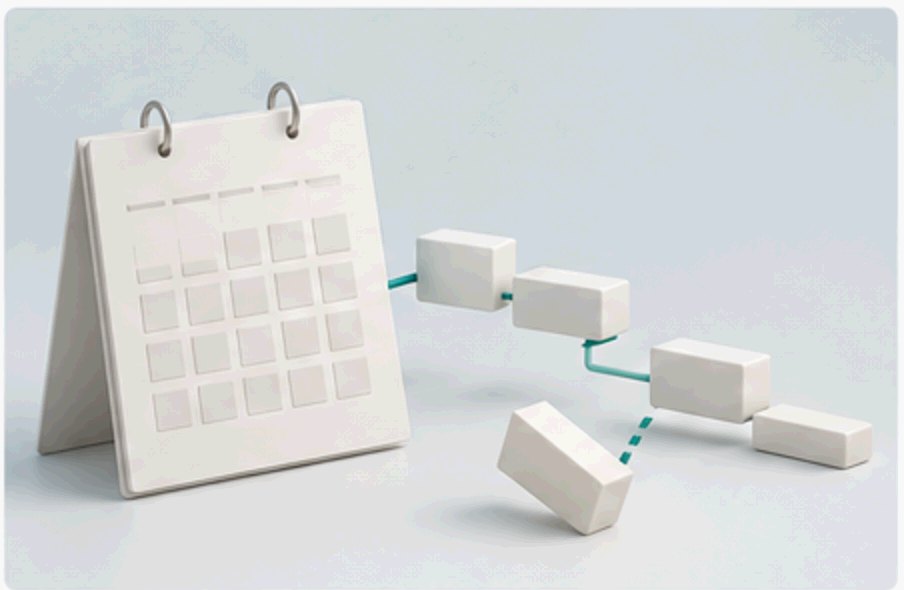 An ivory desk calendar with staggered planning blocks and one displaced block on a teal sequencing line