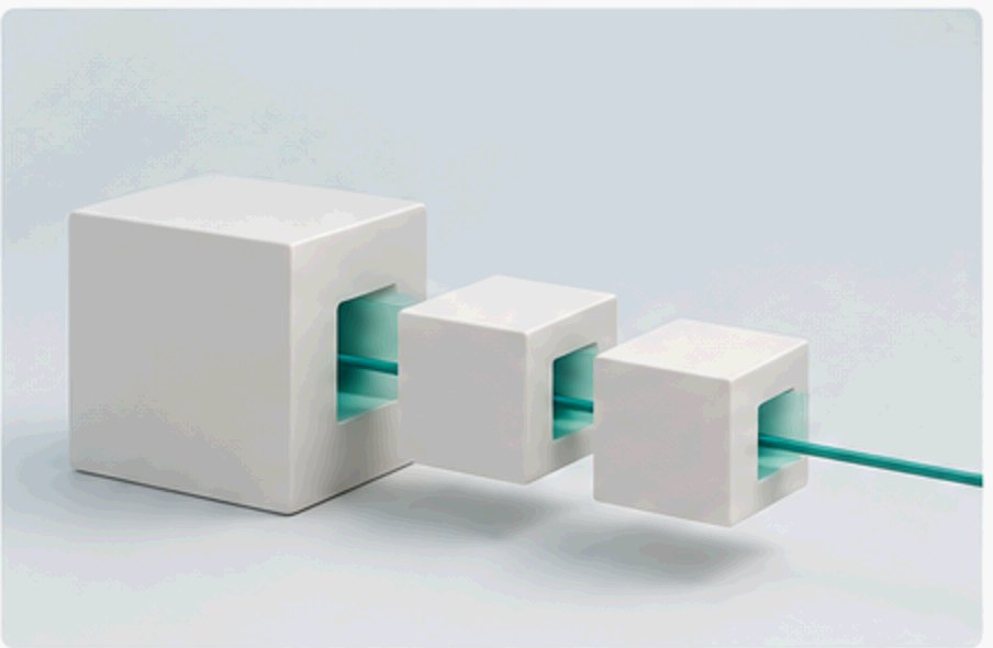An ivory block separating into three modules along a continuous teal route