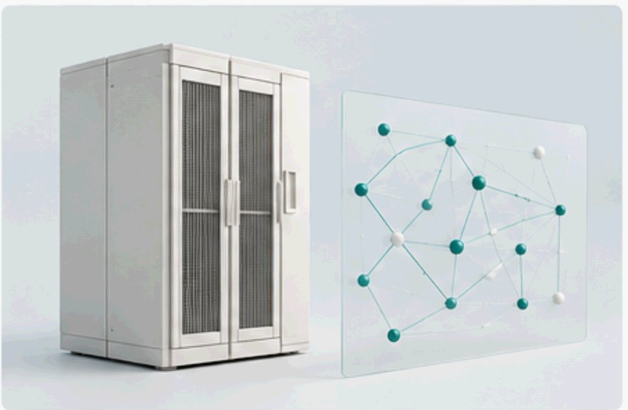 An ivory mainframe cabinet beside a translucent dependency map with teal nodes