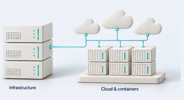 An ivory infrastructure stack linked by teal lines to three ivory clouds above a cluster of container modules