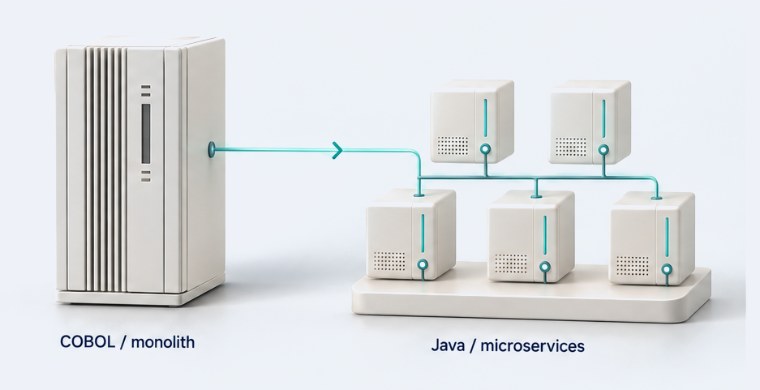 An ivory mainframe cabinet linked by a teal path to five separate ivory service modules on a low base
