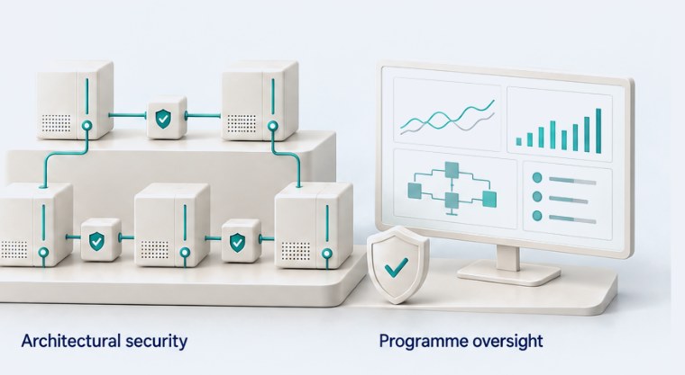 Ivory service modules on layered platforms linked through small teal shield checkpoints, beside a monitoring screen showing charts and a status list