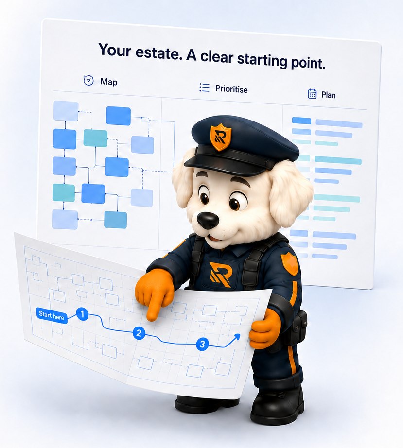 Officer Otto pointing at a mapped estate plan in front of a map, prioritise and plan board
