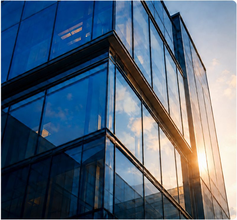 Glass office tower reflecting an evening sky