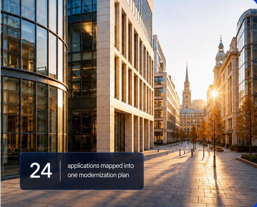 Sunlit European financial district at street level