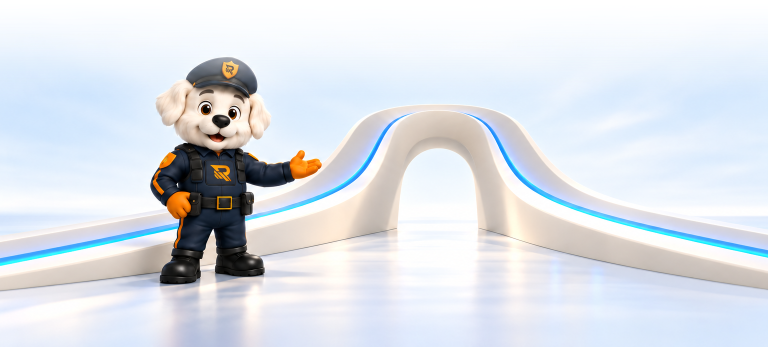 Officer Otto, the Rensora guide, welcoming visitors beside an ivory bridge lit by a blue line