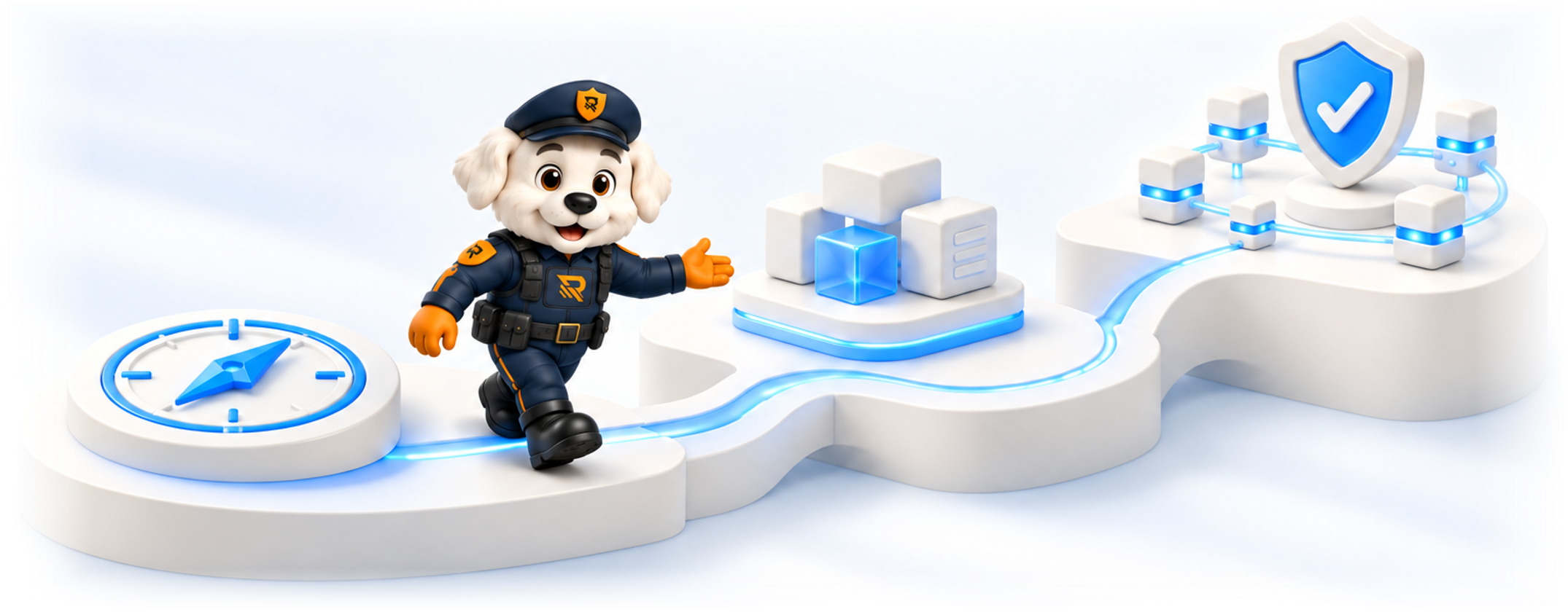 Officer Otto guiding the way along an ivory pathway from a compass, through connected platform blocks, to a governance shield