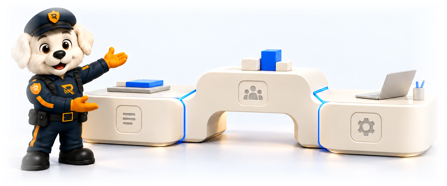 Officer Otto, the Rensora mascot, gesturing toward a connected ivory workbench
