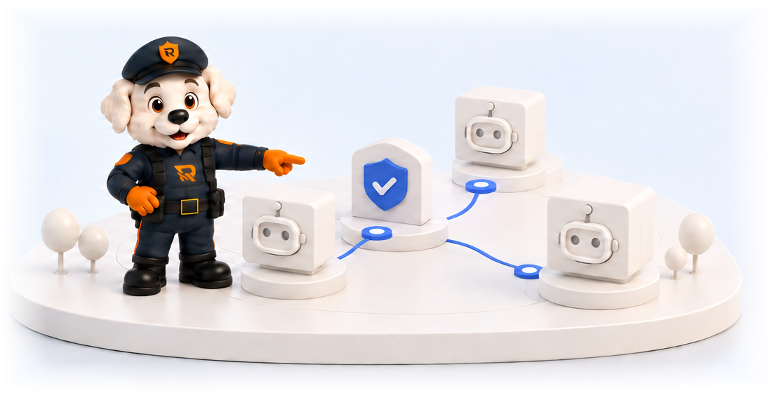 Officer Otto pointing at governed agents connected through a policy gate