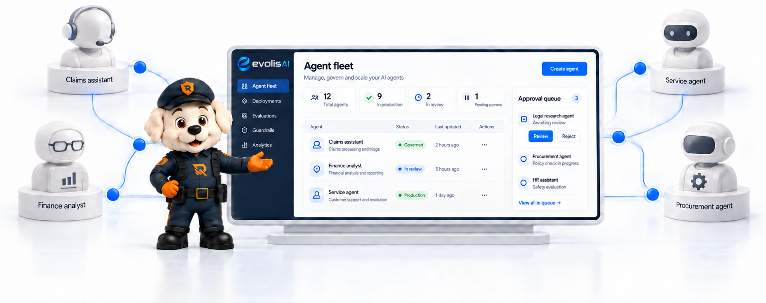 Officer Otto beside an Evolis AI monitor showing the agent fleet, connected to claims, finance, service and procurement agents