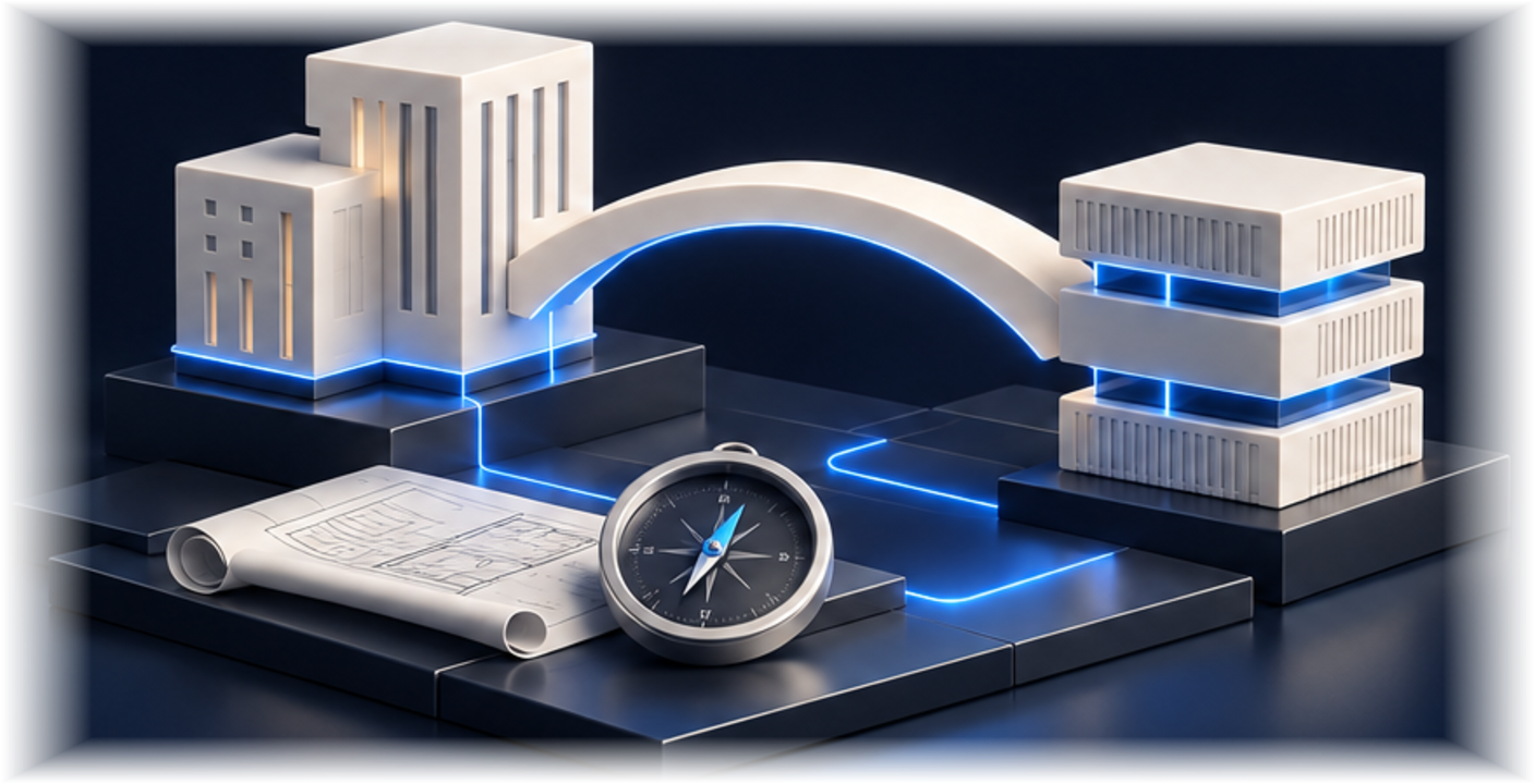 Ivory buildings linked by an arched bridge beside a blueprint and compass, representing integration and consulting delivery