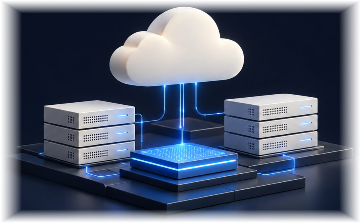 An ivory cloud above glowing server stacks on a dark platform, representing cloud and compute infrastructure