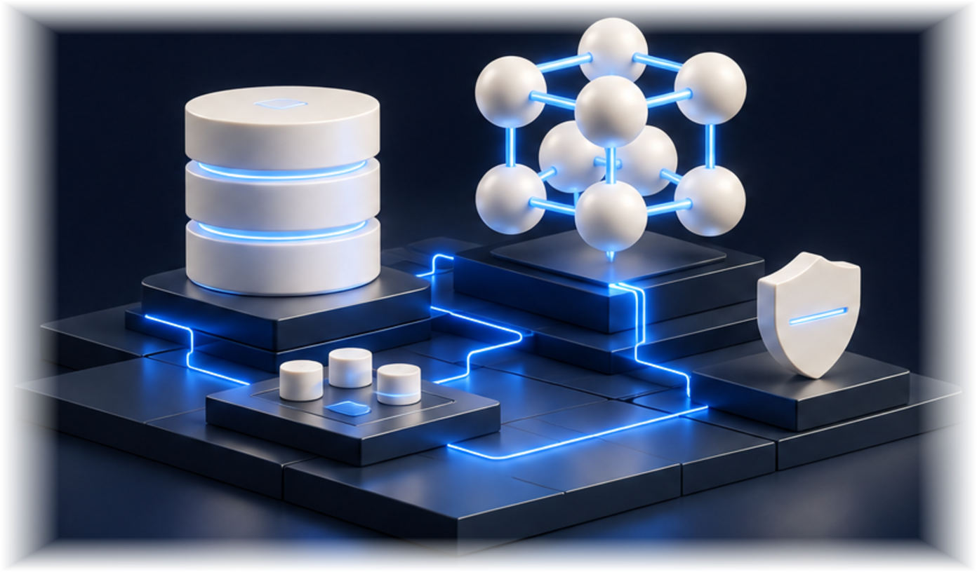 An ivory data cylinder, a molecular lattice and a shield connected by glowing lines, representing models, data and security tooling