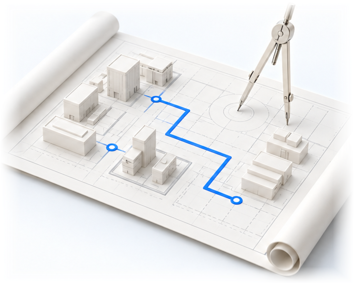 An ivory blueprint with a blue route connecting model buildings and a drafting compass, representing delivery planning