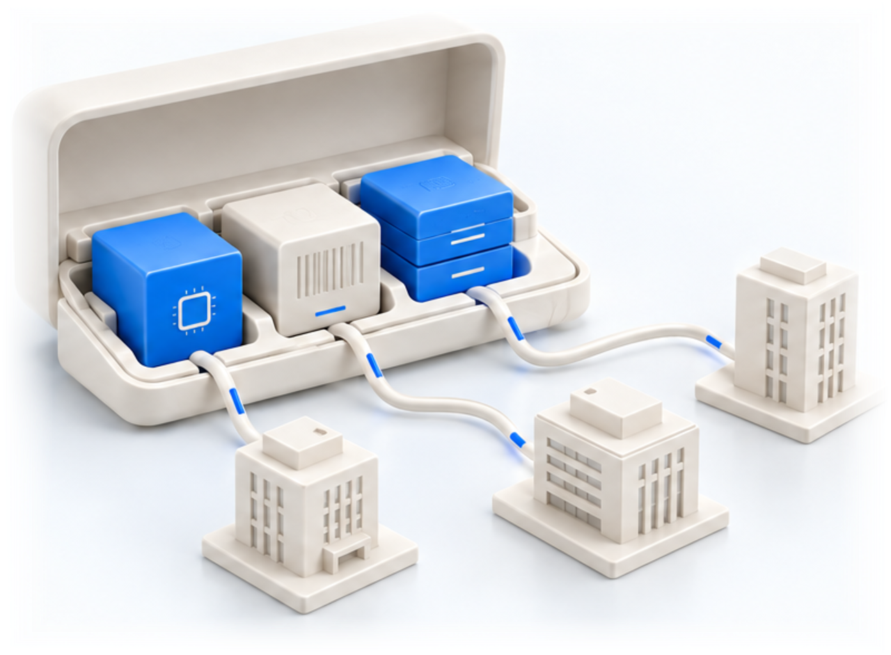 An open ivory case holding blue and ivory modules with cables running to model buildings, representing solutions reaching customers