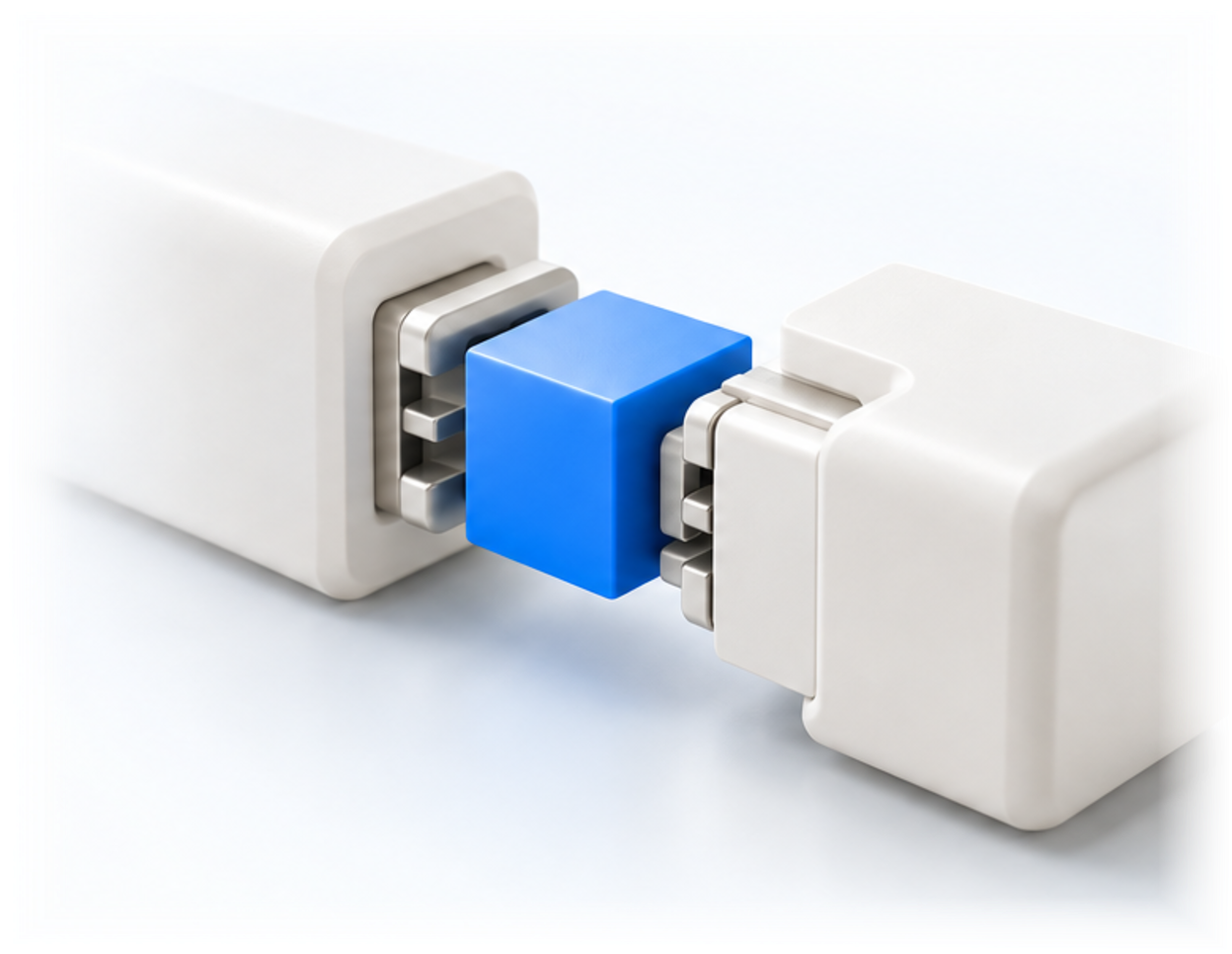 Two ivory modules joined by a blue connector, representing an integration between technologies